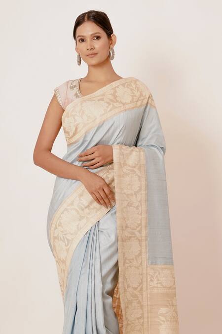 Aharin India_Blue Shantoon, Sareedupion Banarasi Silk Woven Saree With Emboridered Blouse _Online_at_Aza_Fashions