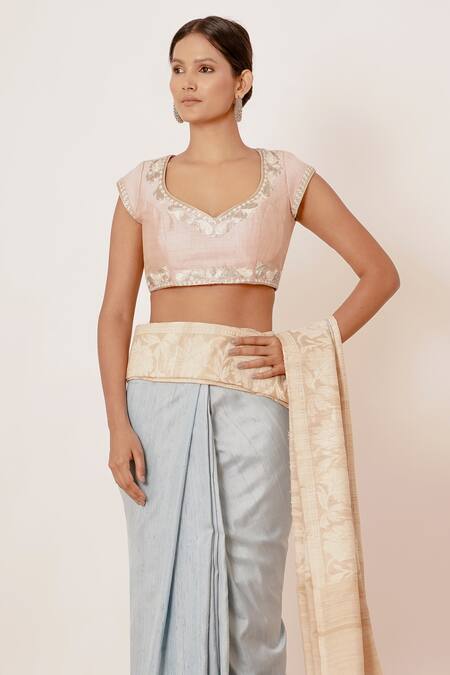 Buy_Aharin India_Blue Shantoon, Sareedupion Banarasi Silk Woven Saree With Emboridered Blouse _Online_at_Aza_Fashions