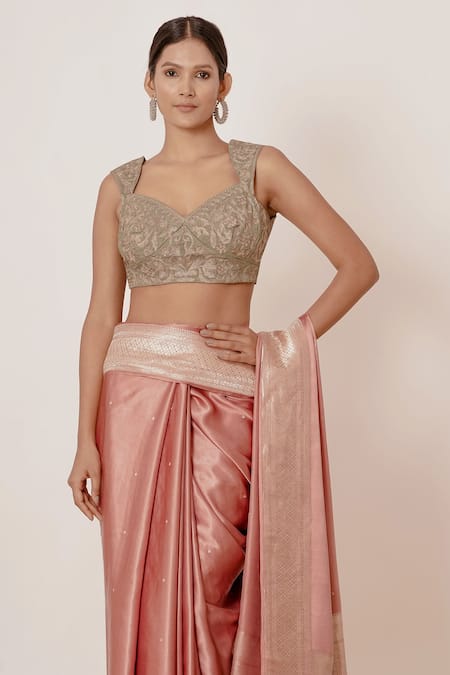 Aharin India_Peach Shantoon, Pure Silk Satin Banarasi  Woven Saree With Emboridered Blouse_Online_at_Aza_Fashions