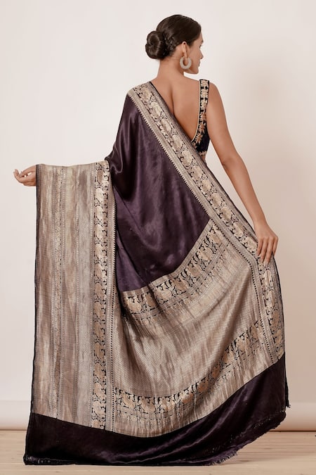 Shop_Aharin India_Brown Shantoon, Pure Silk Satin Banarasi  Woven Saree With Emboridered Blouse_at_Aza_Fashions