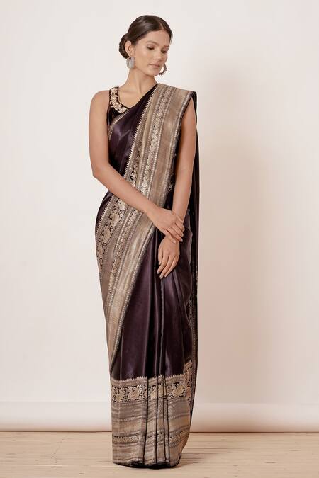 Aharin India_Brown Shantoon, Pure Silk Satin Banarasi  Woven Saree With Emboridered Blouse_Online_at_Aza_Fashions