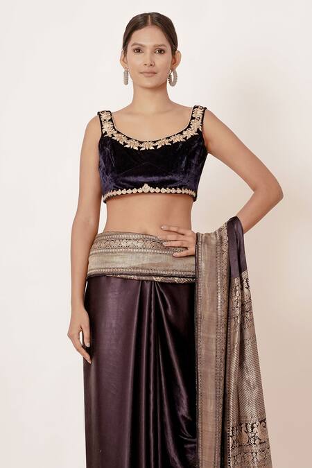 Shop_Aharin India_Brown Shantoon, Pure Silk Satin Banarasi  Woven Saree With Emboridered Blouse_Online_at_Aza_Fashions
