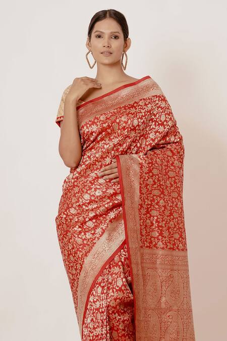 Buy Red Banarasi Silk Saree with Lace Border | Appelle Fashion