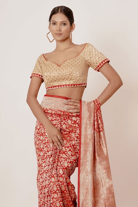 Buy_Aharin India_Red Shantoon, Saree Pure Banarasi Silk Lining Cotton Zari With Blouse _Online_at_Aza_Fashions