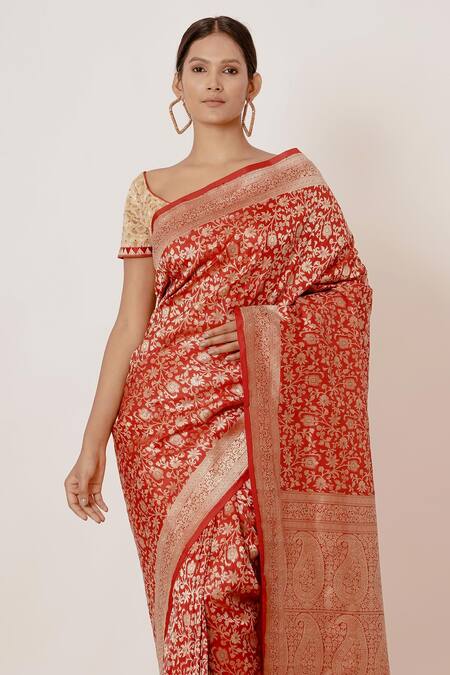Shop_Aharin India_Red Shantoon, Saree Pure Banarasi Silk Lining Cotton Zari With Blouse _Online_at_Aza_Fashions