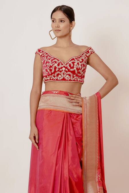 Buy_Aharin India_Red Shantoon, Saree Pure Banarasi Silk Lining Cotton Floral One With Blouse _Online_at_Aza_Fashions