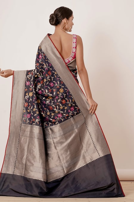 Shop Aharin India Black Lining Cotton/shantoon, Pure Banarasi Silk Floral Saree With Blouse at Aza Fashions Shop_Aharin India_Black Lining Cotton/shantoon, Pure Banarasi Silk Floral Saree With Blouse _at_Aza_Fashions