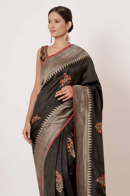Aharin India Black Brocade, Lining Cotton/shantoon, Pure Handwoven Saree With Blouse Online at Aza Fashions Aharin India_Black Brocade, Lining Cotton/shantoon, Pure Handwoven Saree With Blouse _Online_at_Aza_Fashions