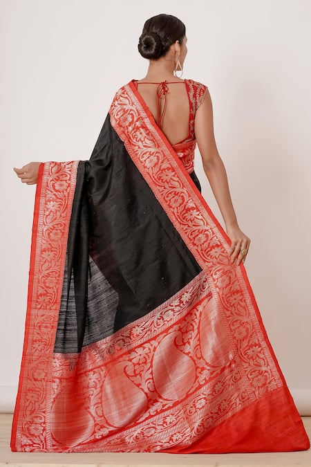 Shop Aharin India Black Lining Cotton/shantoon, Pure Banarasi Silk Zari Border Saree With Blouse at Aza Fashions Shop_Aharin India_Black Lining Cotton/shantoon, Pure Banarasi Silk Zari Border Saree With Blouse_at_Aza_Fashions