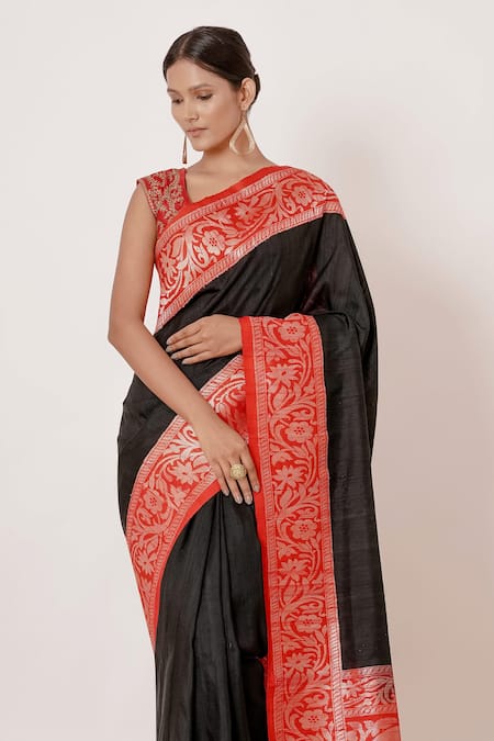 Aharin India Black Lining Cotton/shantoon, Pure Banarasi Silk Zari Border Saree With Blouse Online at Aza Fashions Aharin India_Black Lining Cotton/shantoon, Pure Banarasi Silk Zari Border Saree With Blouse_Online_at_Aza_Fashions