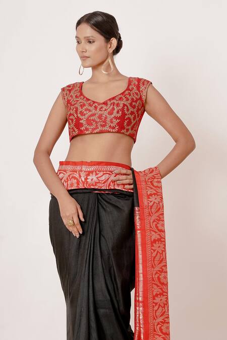 Buy Aharin India Black Lining Cotton/shantoon, Pure Banarasi Silk Zari Border Saree With Blouse Online at Aza Fashions Buy_Aharin India_Black Lining Cotton/shantoon, Pure Banarasi Silk Zari Border Saree With Blouse_Online_at_Aza_Fashions