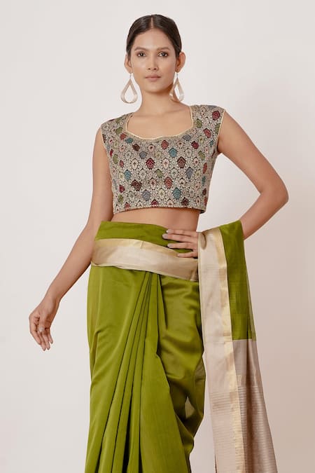 Buy_Aharin India_Green Brocade, Lining Cotton/shantoon, Pure Maheshwari Silk Saree With Blouse _Online_at_Aza_Fashions