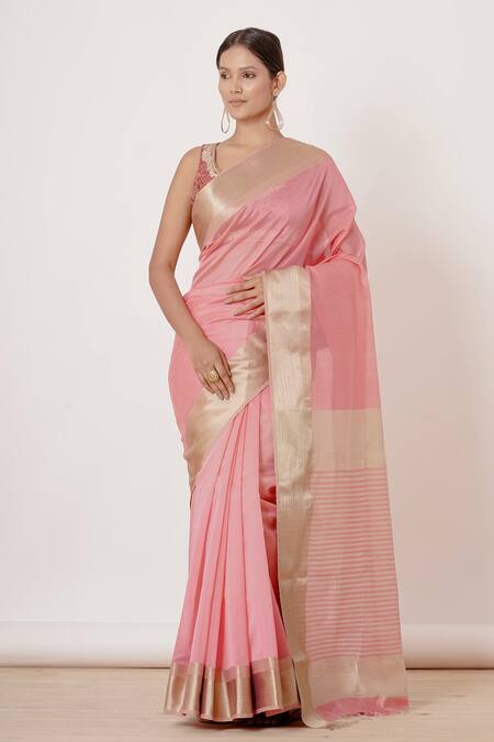 Aharin India Pink Lining Cotton/shantoon, Pure Maheshwari Silk Saree With Embroidered Blouse