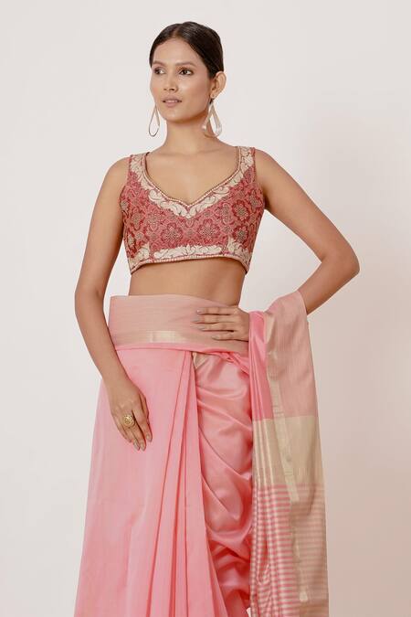 Buy_Aharin India_Pink Lining Cotton/shantoon, Pure Maheshwari Silk Saree With Embroidered Blouse_Online_at_Aza_Fashions