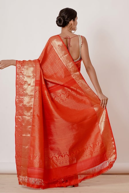 Shop_Aharin India_Red Lining Cotton/shantoon, Pure Dharamavaram Silk Floral Saree With Blouse _at_Aza_Fashions