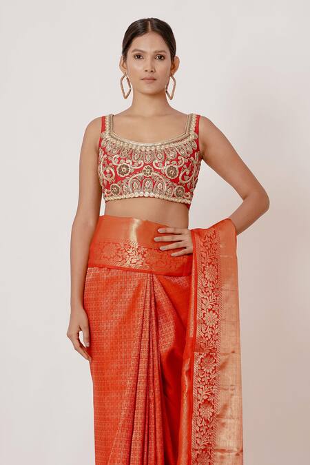 Buy_Aharin India_Red Lining Cotton/shantoon, Pure Dharamavaram Silk Floral Saree With Blouse _Online_at_Aza_Fashions