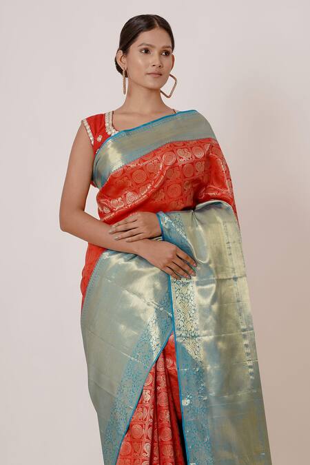 Aharin India_Red Lining Cotton/shantoon, Pure Dharamavaram Silk Floral Saree With Blouse _Online_at_Aza_Fashions