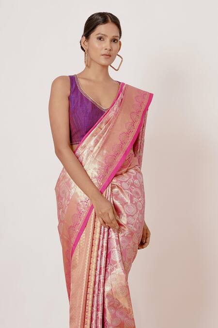 Aharin India Pink Lining Cotton/shantoon, Pure Dharamavaram Silk Handwoven Saree With Blouse Online at Aza Fashions Aharin India_Pink Lining Cotton/shantoon, Pure Dharamavaram Silk Handwoven Saree With Blouse _Online_at_Aza_Fashions