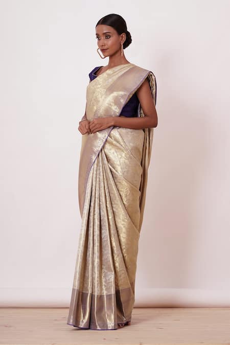 Aharin India Ivory Lining Cotton/shantoon, Pure Dharamavaram Silk Floral Saree With Blouse Online at Aza Fashions Aharin India_Ivory Lining Cotton/shantoon, Pure Dharamavaram Silk Floral Saree With Blouse _Online_at_Aza_Fashions