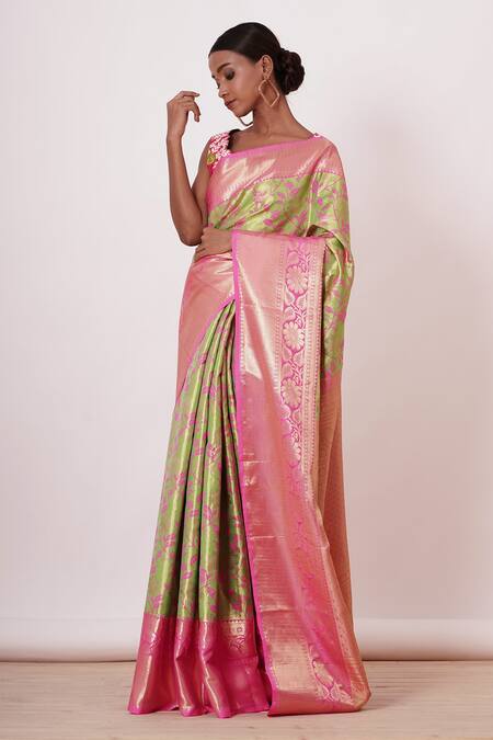 Aharin India Green Lining Cotton/shantoon, Pure Dharamavaram Silk Woven Saree With Blouse Online at Aza Fashions Aharin India_Green Lining Cotton/shantoon, Pure Dharamavaram Silk Woven Saree With Blouse _Online_at_Aza_Fashions