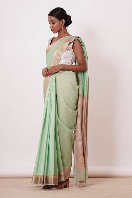 Aharin India_Green Brocade, Lining Cotton/shantoon, Pure Saree With Embroidered Blouse _Online_at_Aza_Fashions