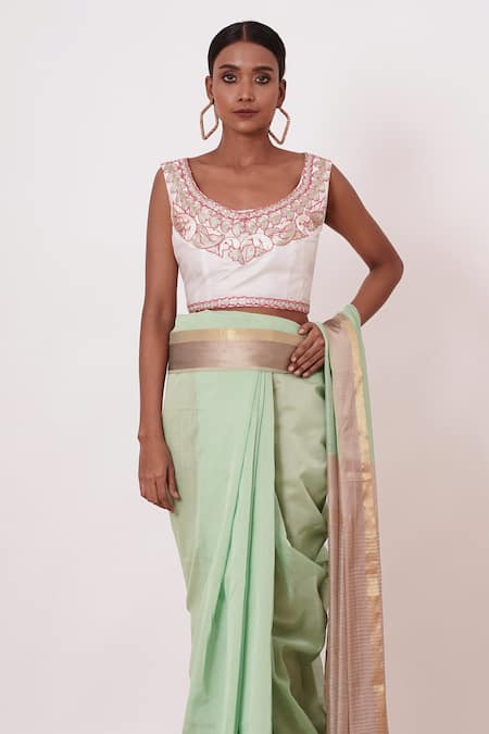 Buy_Aharin India_Green Brocade, Lining Cotton/shantoon, Pure Saree With Embroidered Blouse _Online_at_Aza_Fashions