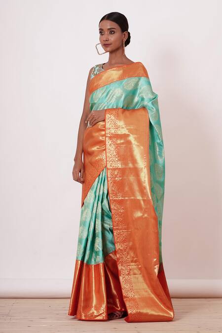 Aharin India_Blue Lining Cotton/shantoon, Pure Dharamavaram Silk Floral Saree With Blouse _Online_at_Aza_Fashions