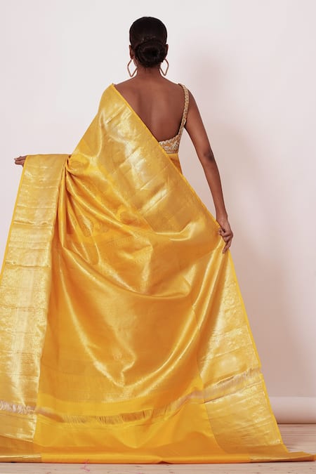 Shop Aharin India Yellow Lining Cotton/shantoon, Pure Handwoven Saree With Embroidered Blouse at Aza Fashions Shop_Aharin India_Yellow Lining Cotton/shantoon, Pure Handwoven Saree With Embroidered Blouse _at_Aza_Fashions