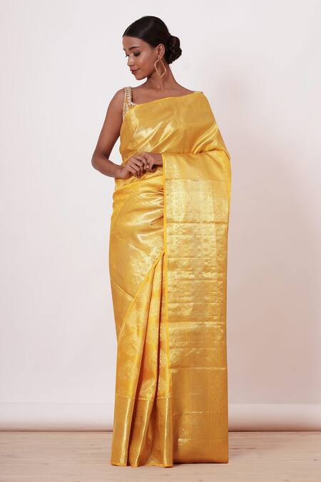 Aharin India Yellow Lining Cotton/shantoon, Pure Handwoven Saree With Embroidered Blouse Online at Aza Fashions Aharin India_Yellow Lining Cotton/shantoon, Pure Handwoven Saree With Embroidered Blouse _Online_at_Aza_Fashions