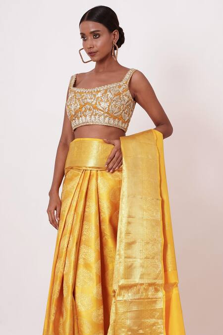 Buy Aharin India Yellow Lining Cotton/shantoon, Pure Handwoven Saree With Embroidered Blouse Online at Aza Fashions Buy_Aharin India_Yellow Lining Cotton/shantoon, Pure Handwoven Saree With Embroidered Blouse _Online_at_Aza_Fashions