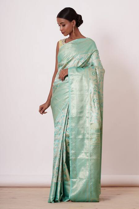 Aharin India_Blue Lining Cotton/shantoon, Pure Dharamavaram Silk Woven Saree With Blouse _Online_at_Aza_Fashions