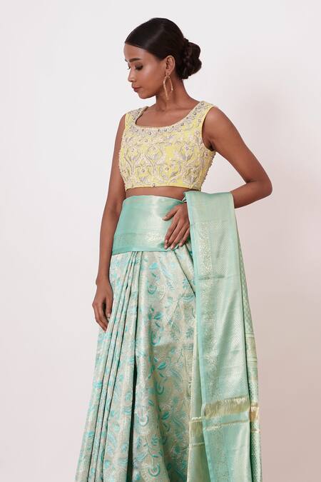 Buy_Aharin India_Blue Lining Cotton/shantoon, Pure Dharamavaram Silk Woven Saree With Blouse _Online_at_Aza_Fashions