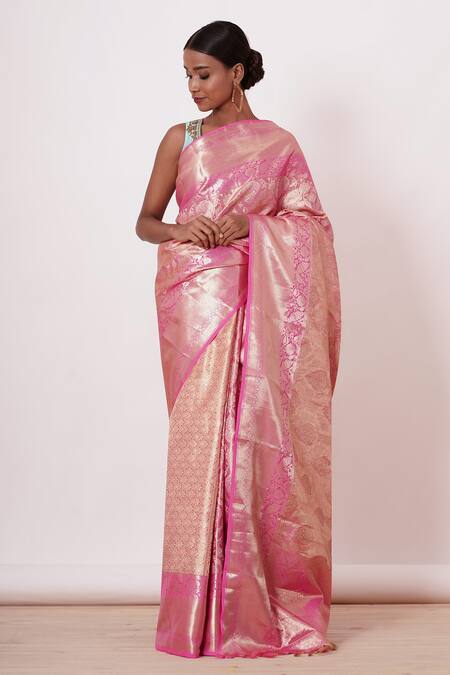Aharin India_Pink Lining Cotton/shantoon, Pure Woven Saree With Embroidered Blouse_Online_at_Aza_Fashions