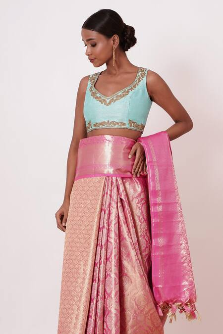 Buy_Aharin India_Pink Lining Cotton/shantoon, Pure Woven Saree With Embroidered Blouse_Online_at_Aza_Fashions