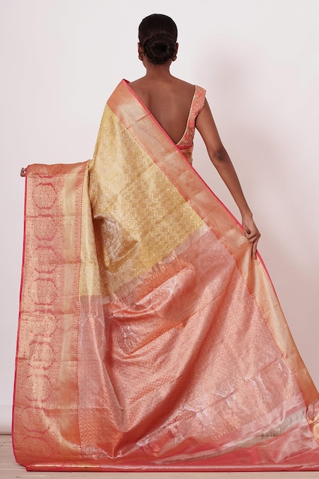 Shop Aharin India Gold Lining Cotton/shantoon, Pure Saree With Zari Embroidered Blouse at Aza Fashions Shop_Aharin India_Gold Lining Cotton/shantoon, Pure Saree With Zari Embroidered Blouse _at_Aza_Fashions