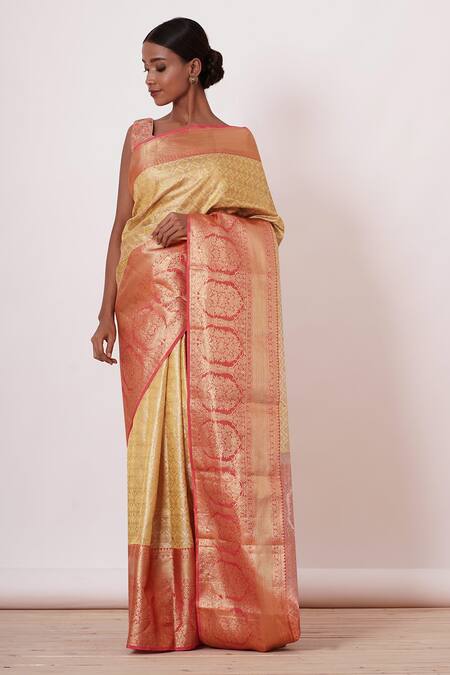 Aharin India Gold Lining Cotton/shantoon, Pure Saree With Zari Embroidered Blouse Online at Aza Fashions Aharin India_Gold Lining Cotton/shantoon, Pure Saree With Zari Embroidered Blouse _Online_at_Aza_Fashions