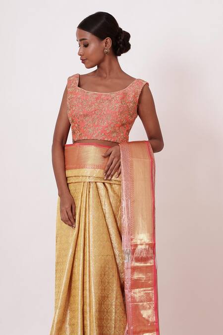 Buy Aharin India Gold Lining Cotton/shantoon, Pure Saree With Zari Embroidered Blouse Online at Aza Fashions Buy_Aharin India_Gold Lining Cotton/shantoon, Pure Saree With Zari Embroidered Blouse _Online_at_Aza_Fashions