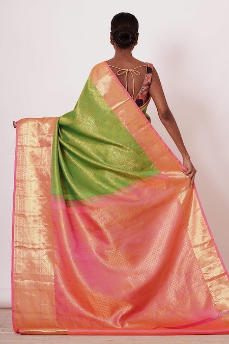 Shop_Aharin India_Green Lining Cotton/shantoon, Pure Dharamavaram Woven Saree With Print Blouse _at_Aza_Fashions
