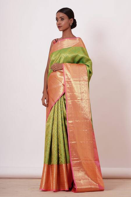 Aharin India_Green Lining Cotton/shantoon, Pure Dharamavaram Woven Saree With Print Blouse _Online_at_Aza_Fashions