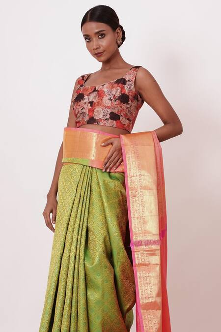 Buy_Aharin India_Green Lining Cotton/shantoon, Pure Dharamavaram Woven Saree With Print Blouse _Online_at_Aza_Fashions