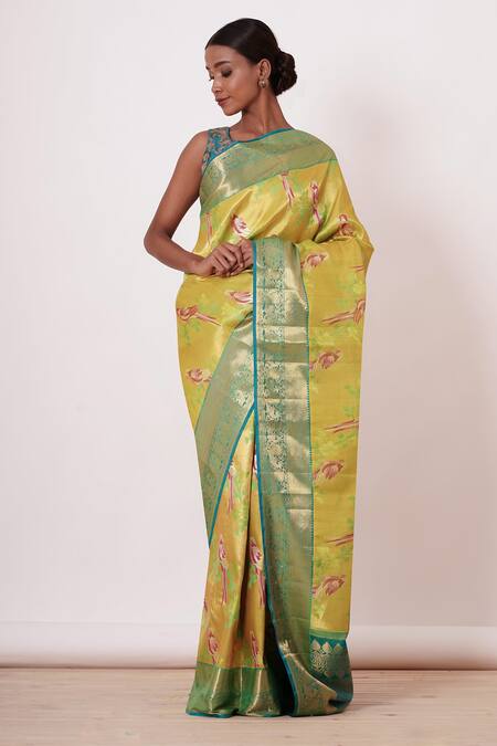 Aharin India_Green Lining Cotton/shantoon, Pure Dharamavaram Silk Woven Saree With Blouse_Online_at_Aza_Fashions