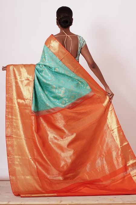 Shop Aharin India Blue Lining Cotton/shantoon, Pure Dharamavaram Silk Saree With Zari Blouse at Aza Fashions Shop_Aharin India_Blue Lining Cotton/shantoon, Pure Dharamavaram Silk Saree With Zari Blouse _at_Aza_Fashions