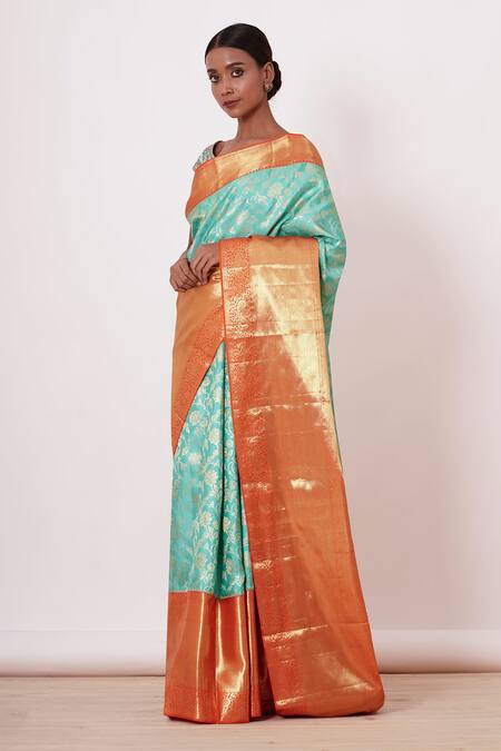 Aharin India Blue Lining Cotton/shantoon, Pure Dharamavaram Silk Saree With Zari Blouse Online at Aza Fashions Aharin India_Blue Lining Cotton/shantoon, Pure Dharamavaram Silk Saree With Zari Blouse _Online_at_Aza_Fashions