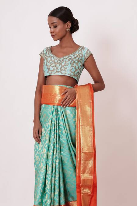 Buy Aharin India Blue Lining Cotton/shantoon, Pure Dharamavaram Silk Saree With Zari Blouse Online at Aza Fashions Buy_Aharin India_Blue Lining Cotton/shantoon, Pure Dharamavaram Silk Saree With Zari Blouse _Online_at_Aza_Fashions