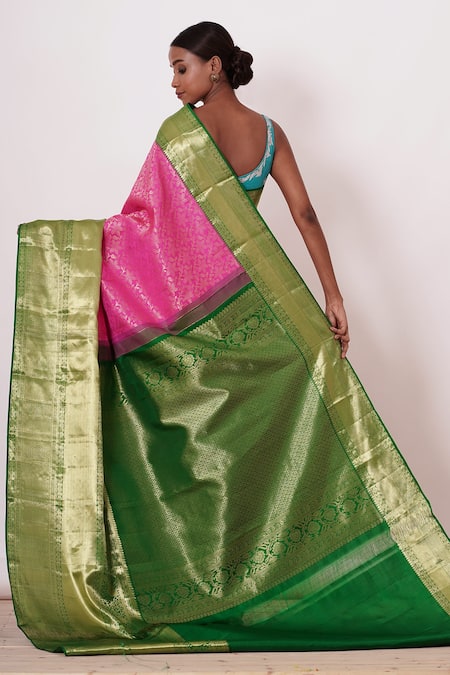Shop Aharin India Pink Silk, Brocade Dharamavaram Silk, Lining Handwoven Saree With Zari Blouse at Aza Fashions Shop_Aharin India_Pink Silk, Brocade Dharamavaram Silk, Lining Handwoven Saree With Zari Blouse _at_Aza_Fashions