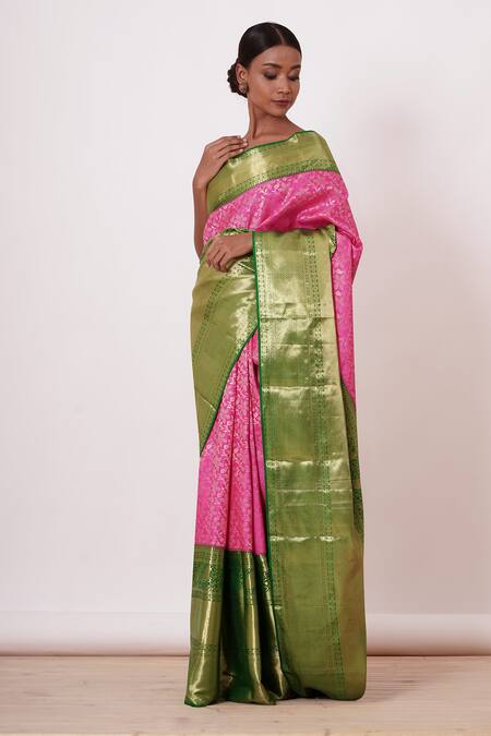 Aharin India Pink Silk, Brocade Dharamavaram Silk, Lining Handwoven Saree With Zari Blouse Online at Aza Fashions Aharin India_Pink Silk, Brocade Dharamavaram Silk, Lining Handwoven Saree With Zari Blouse _Online_at_Aza_Fashions