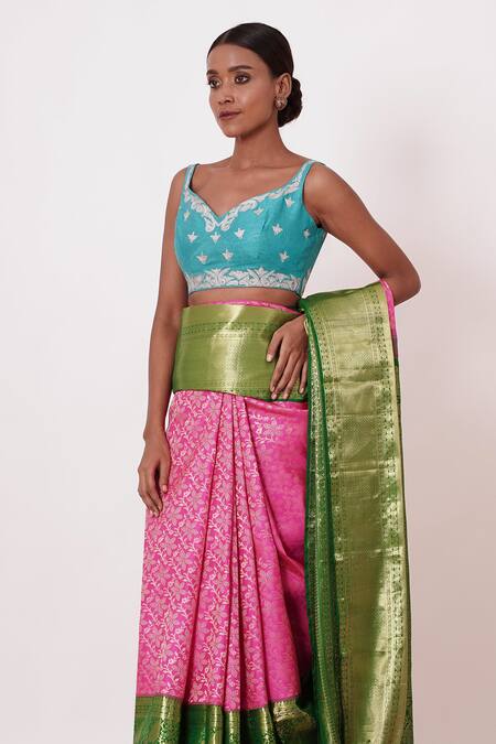 Buy Aharin India Pink Silk, Brocade Dharamavaram Silk, Lining Handwoven Saree With Zari Blouse Online at Aza Fashions Buy_Aharin India_Pink Silk, Brocade Dharamavaram Silk, Lining Handwoven Saree With Zari Blouse _Online_at_Aza_Fashions
