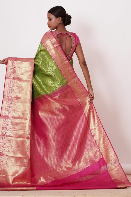 Shop Aharin India Green Silk, Brocade Dharamavaram Silk, Lining Handwoven Saree With Zari Blouse at Aza Fashions Shop_Aharin India_Green Silk, Brocade Dharamavaram Silk, Lining Handwoven Saree With Zari Blouse _at_Aza_Fashions