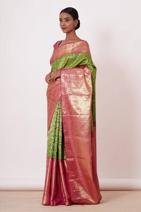 Aharin India Green Silk, Brocade Dharamavaram Silk, Lining Handwoven Saree With Zari Blouse Online at Aza Fashions Aharin India_Green Silk, Brocade Dharamavaram Silk, Lining Handwoven Saree With Zari Blouse _Online_at_Aza_Fashions