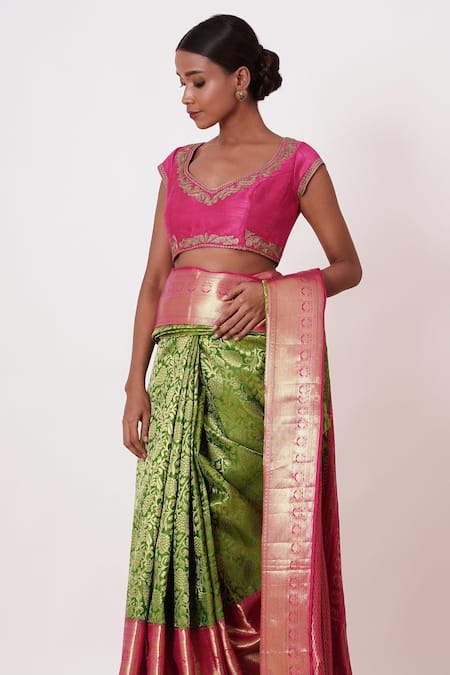 Buy Aharin India Green Silk, Brocade Dharamavaram Silk, Lining Handwoven Saree With Zari Blouse Online at Aza Fashions Buy_Aharin India_Green Silk, Brocade Dharamavaram Silk, Lining Handwoven Saree With Zari Blouse _Online_at_Aza_Fashions